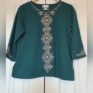 Alfred Dunner Emerald Green Embroidered 3/4 Sleeve Sweater, Size PS